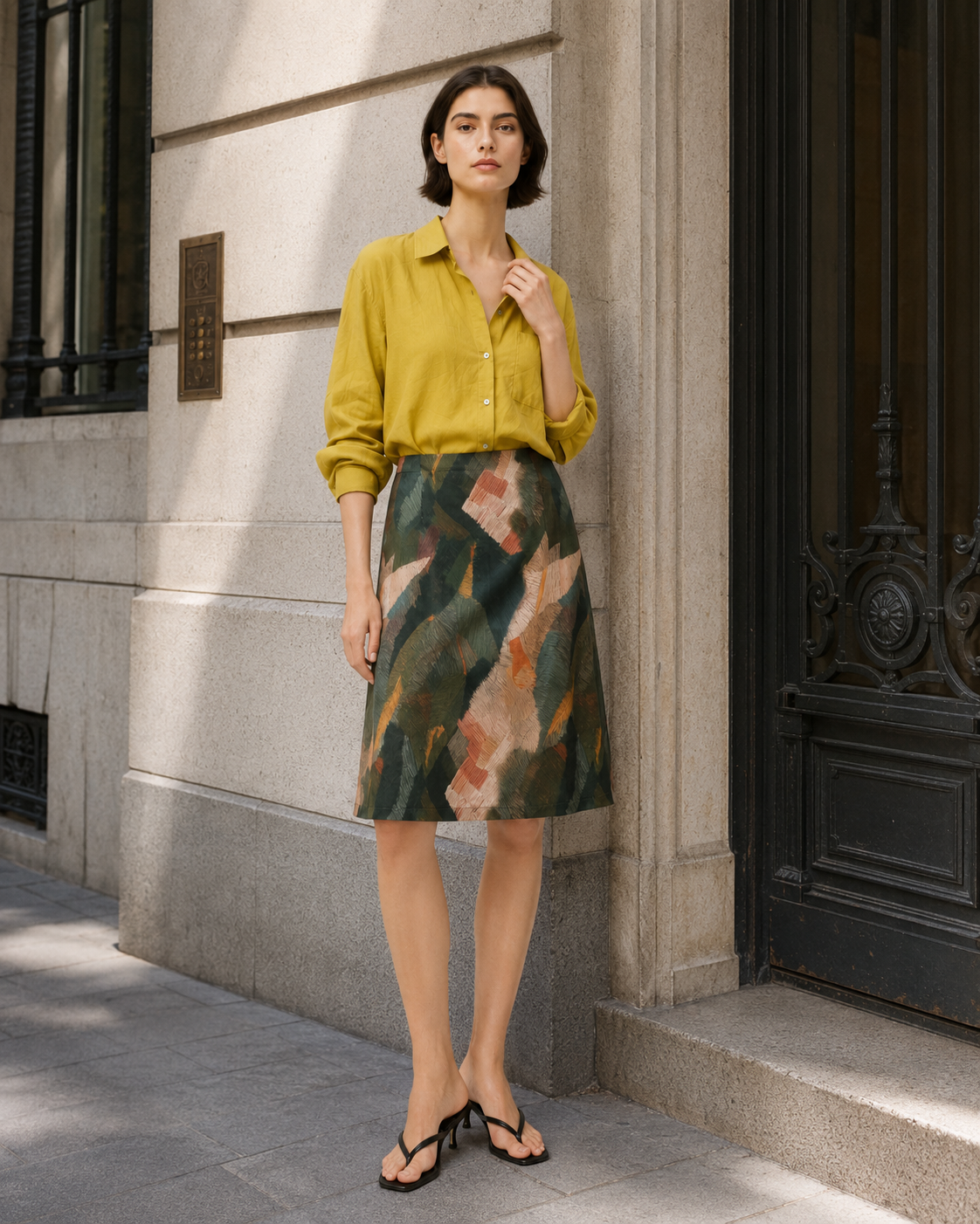 Collared Long‑Sleeve Shirt And Midi Skirt Two‑Piece Outfit Set