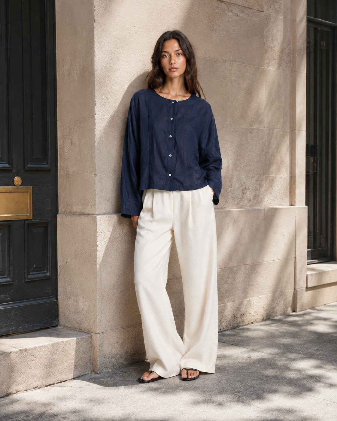Casual Round Neck Button‑Down Long Sleeve Blouse