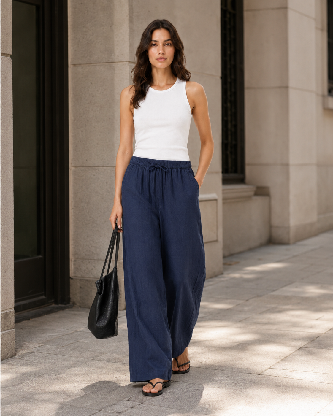 Relaxed Fit Casual Cropped Wide‑Leg Trousers Elastic Drawstring Waist Side Pockets Everyday Wear Pants For Ladies