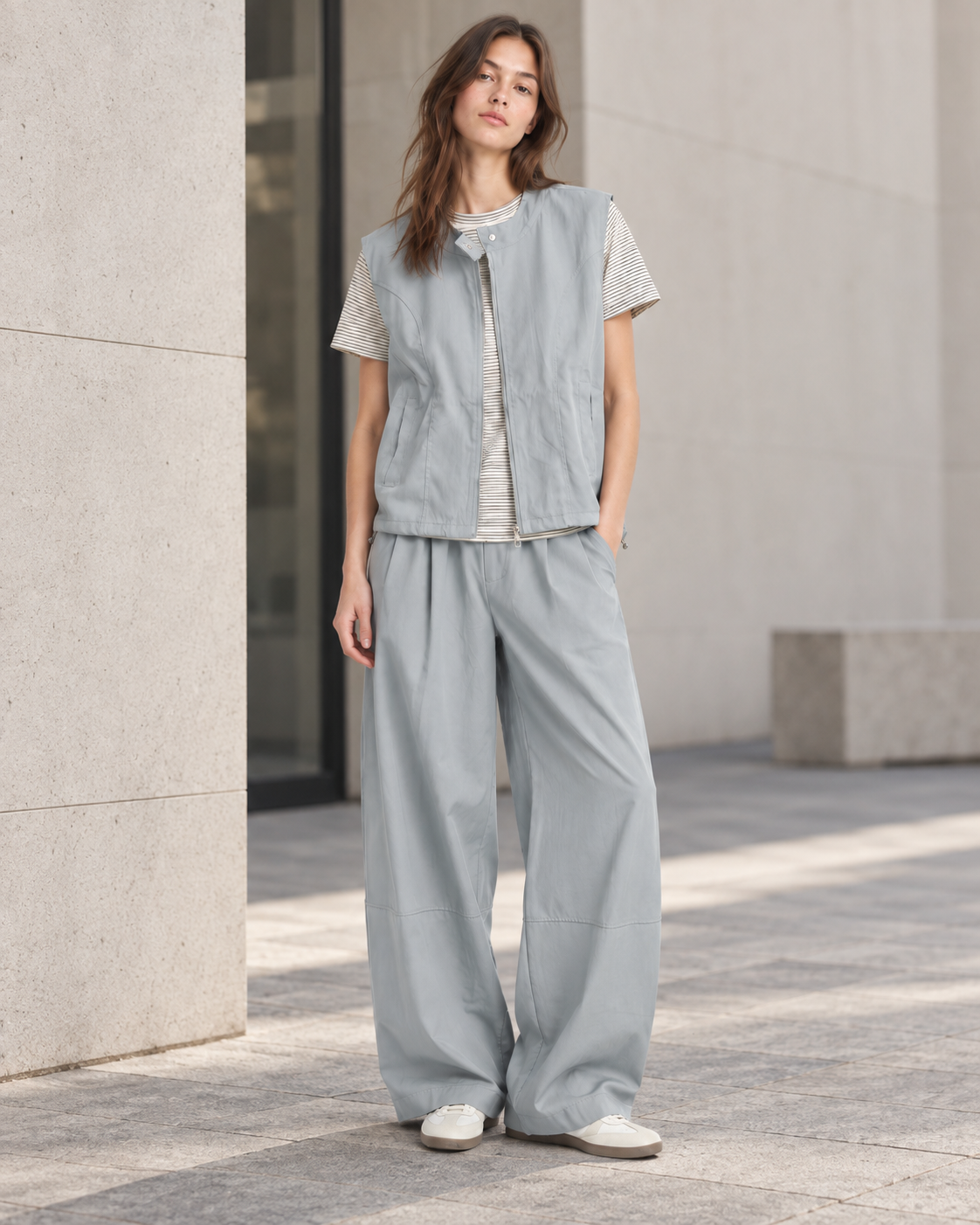 Layered Zip Vest, Striped Top & Wide-Leg Pants Three-Piece Set