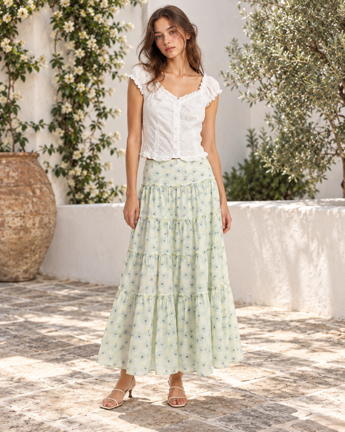 Romantic Ruffle Top & Tiered Floral Maxi Skirt Set