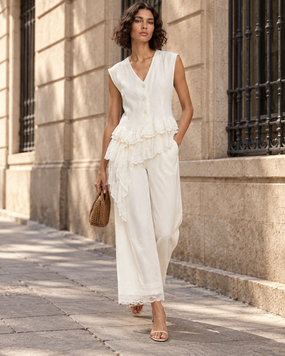 Asymmetric Lace-Trim Tailored Vest & Wide-Leg Trouser Set