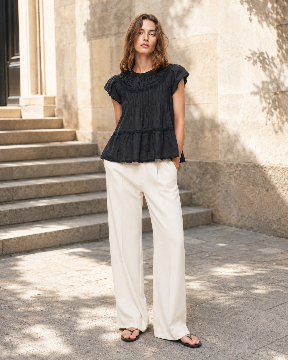 Vintage Ruffled Yoke Short Sleeve Peplum Top