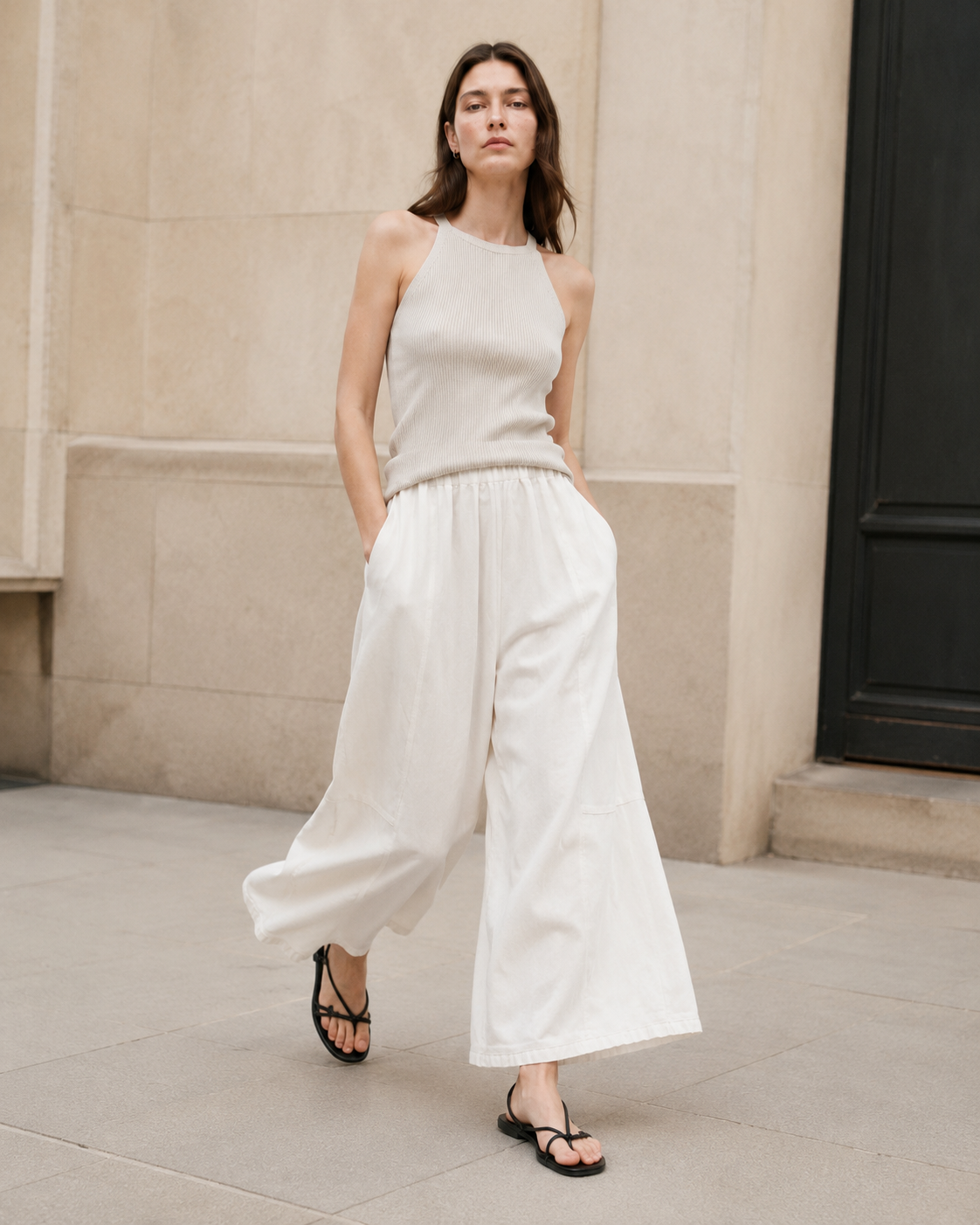 Refined Elegance High-Waisted Relaxed Wide-Leg Pants with Delicate Ruffle Hem
