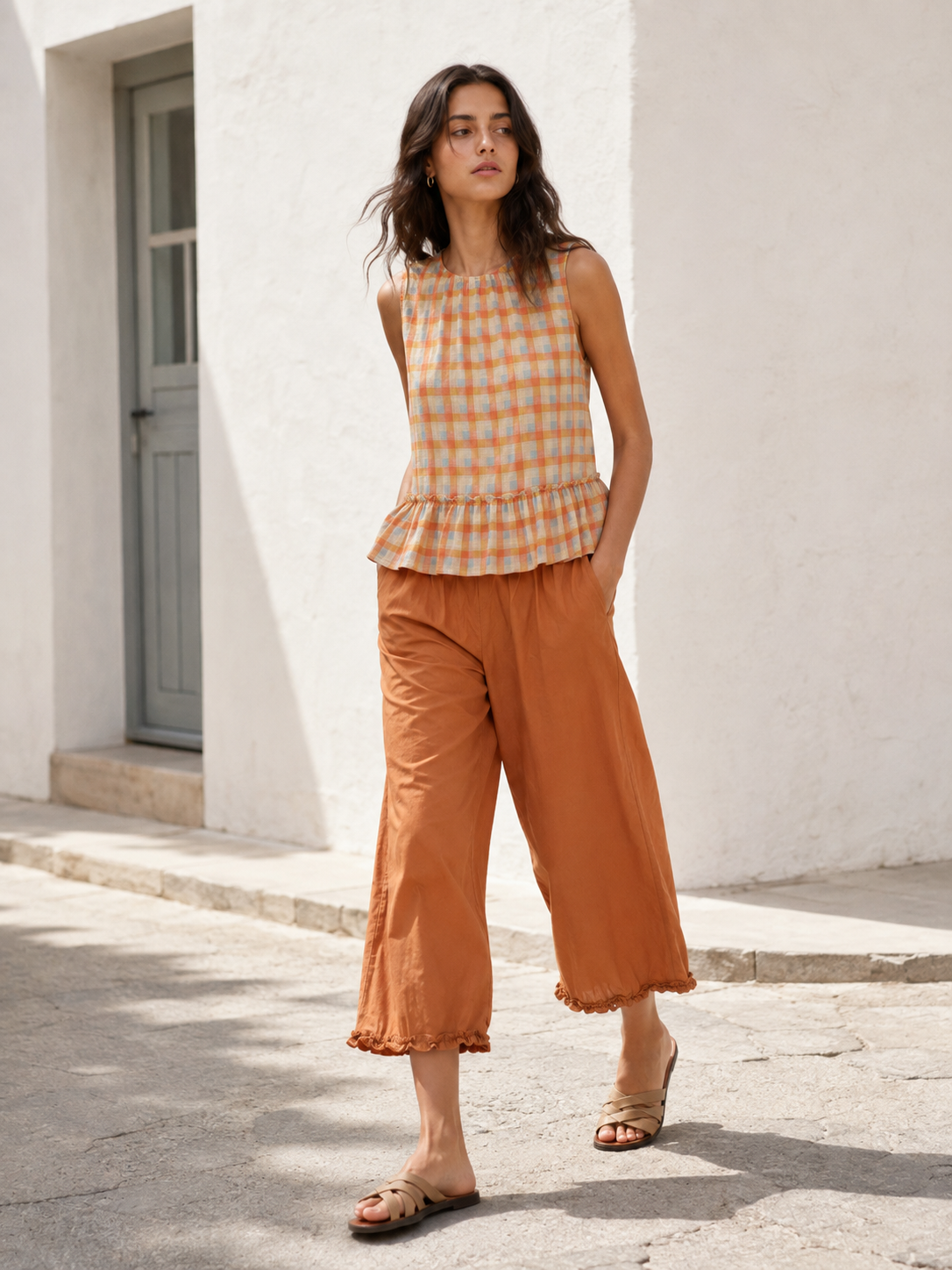 Plaid Ruffle-Hem Sleeveless Top & Cropped Wide-Leg Pants Two-Piece Set