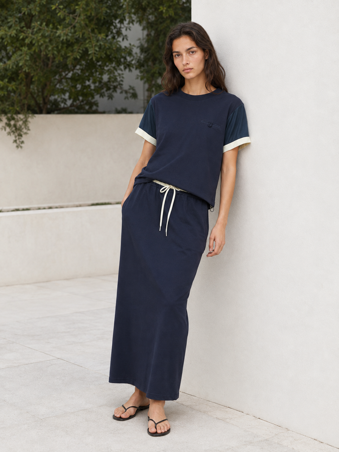 Relaxed Short-Sleeve Top & Drawstring Straight Maxi Skirt Two-Piece Set