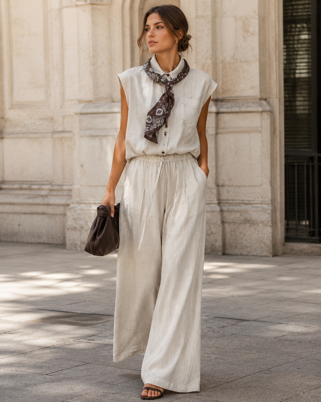 Relaxed Sleeveless Collared Top & Fluid Wide-Leg Pants Set