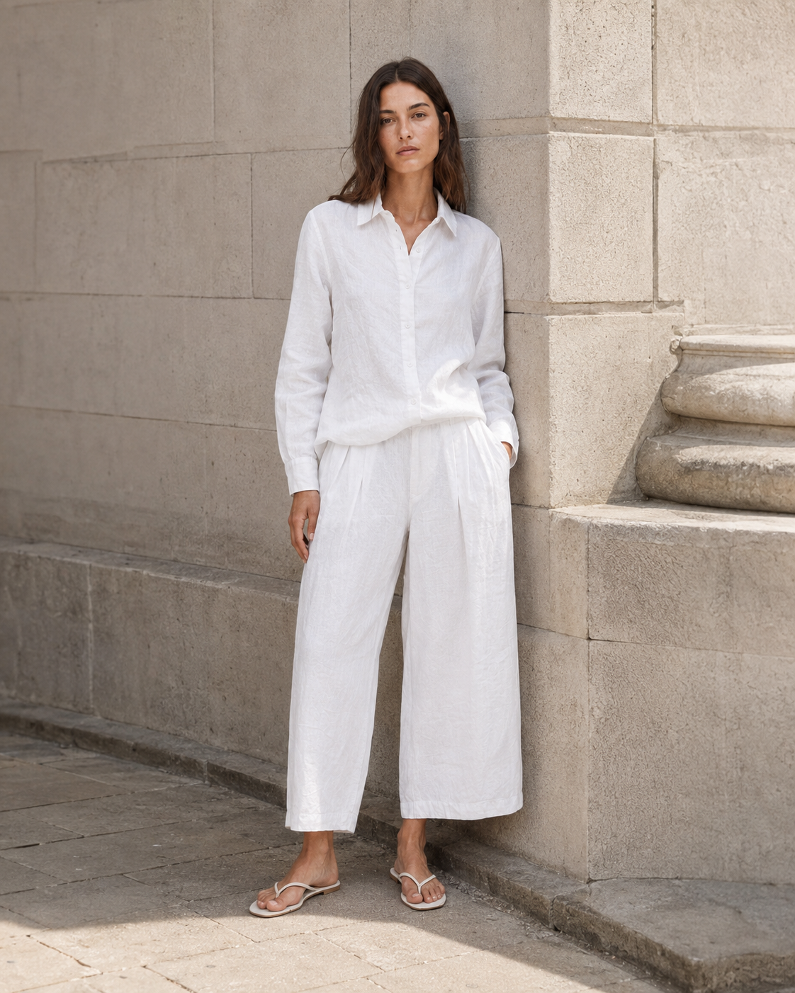 Relaxed Long-Sleeve Shirt and Wide-Leg Trouser Two-Piece Set