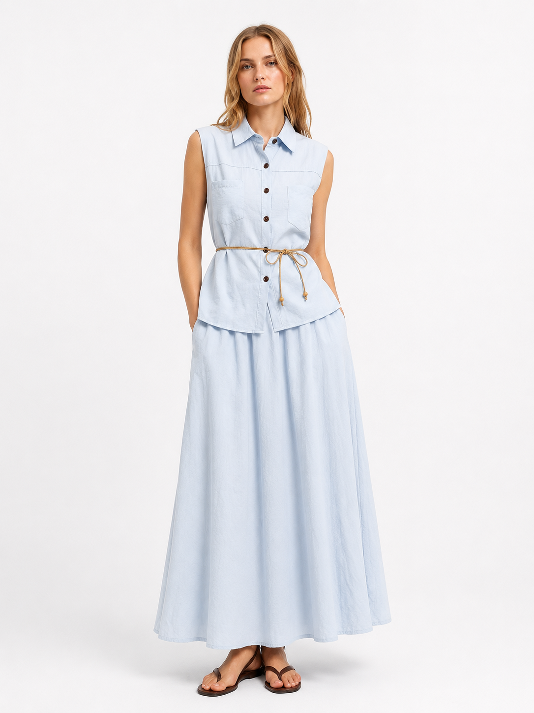 Modern Elegance Sleeveless Shirt & Flowing Maxi Skirt Two-Piece Set