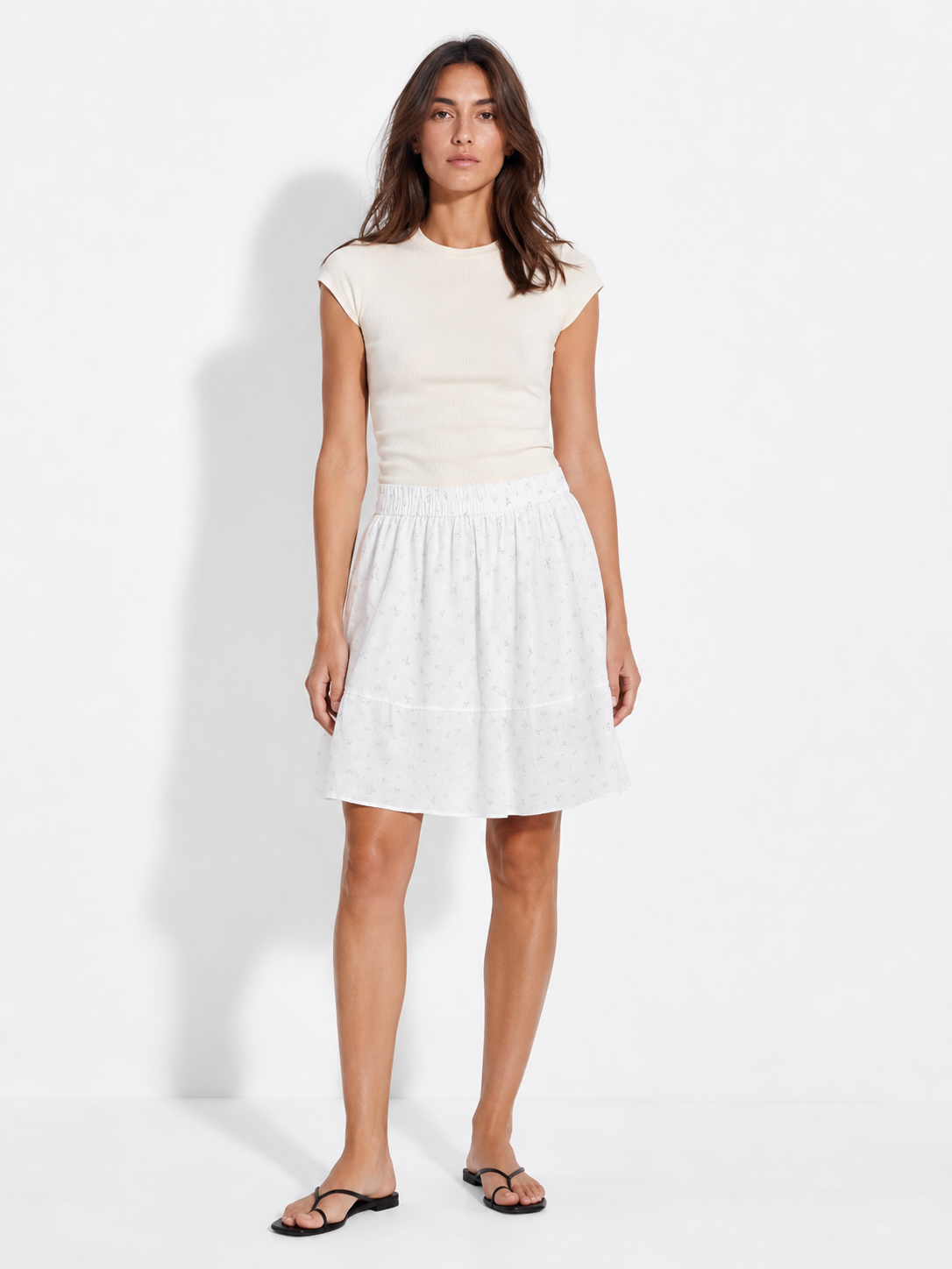 French-Inspired Delicate Floral Print High-Waisted Gathered Skirt