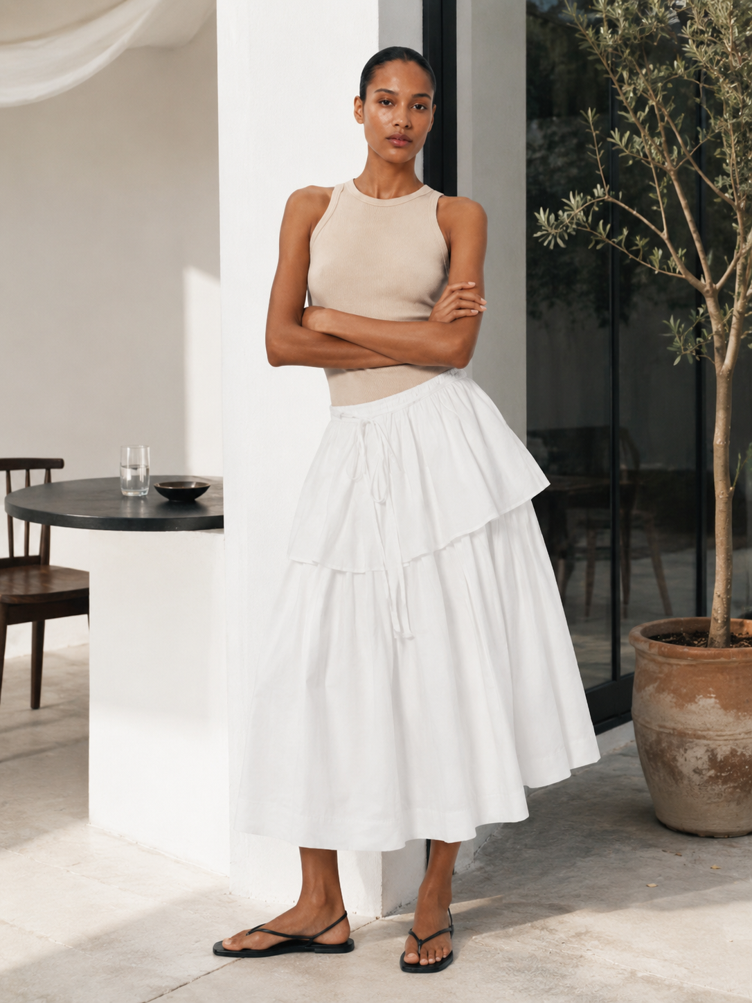 French-Inspired High-Waisted Drawstring Layered Flowy Skirt