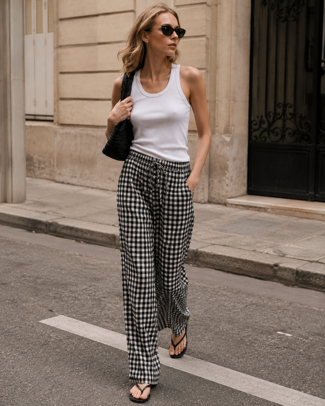 French-Inspired Gingham High-Waisted Drawstring Relaxed Wide-Leg Pants