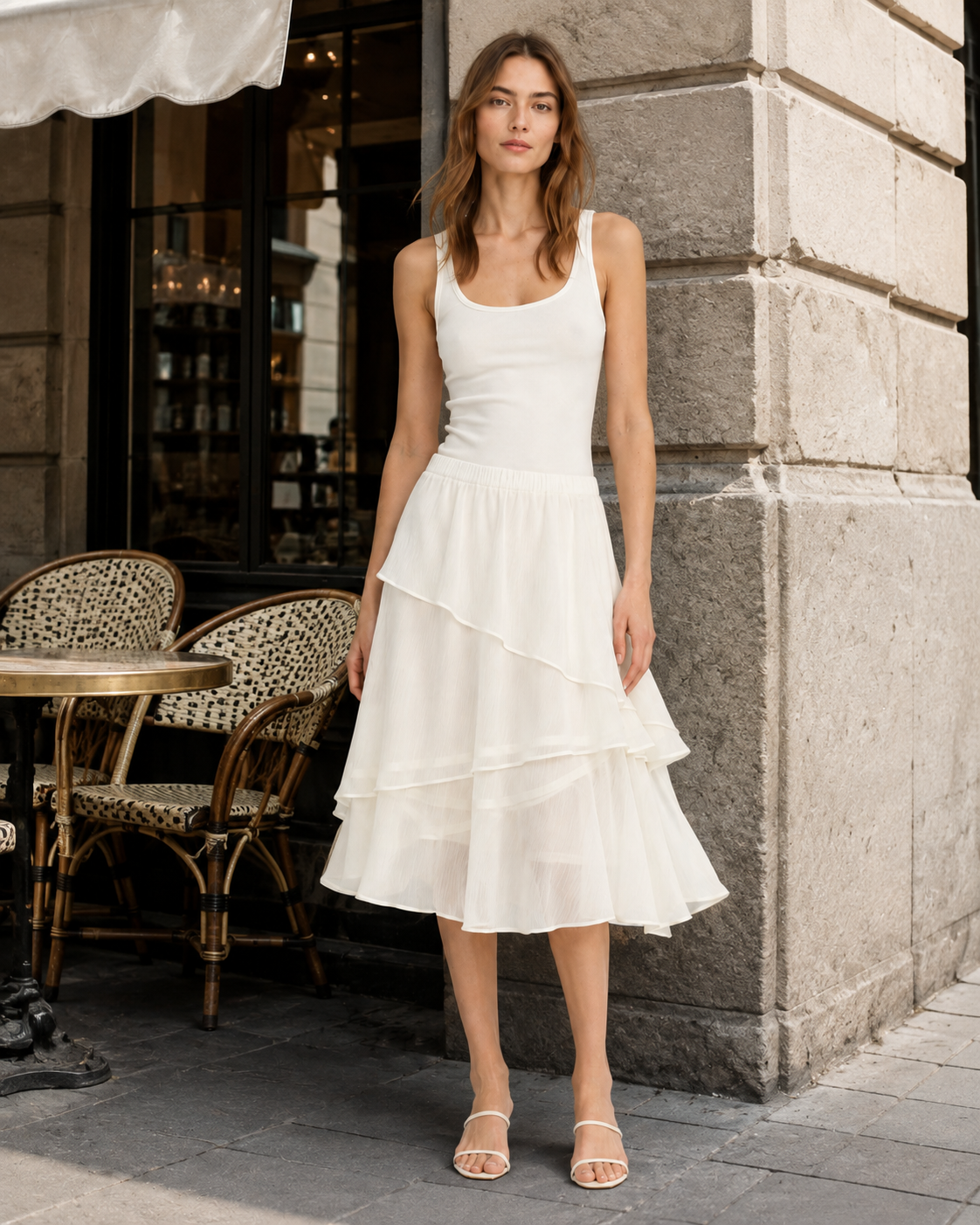 French-Inspired Asymmetric Layered Ruffle Flowy Midi Skirt