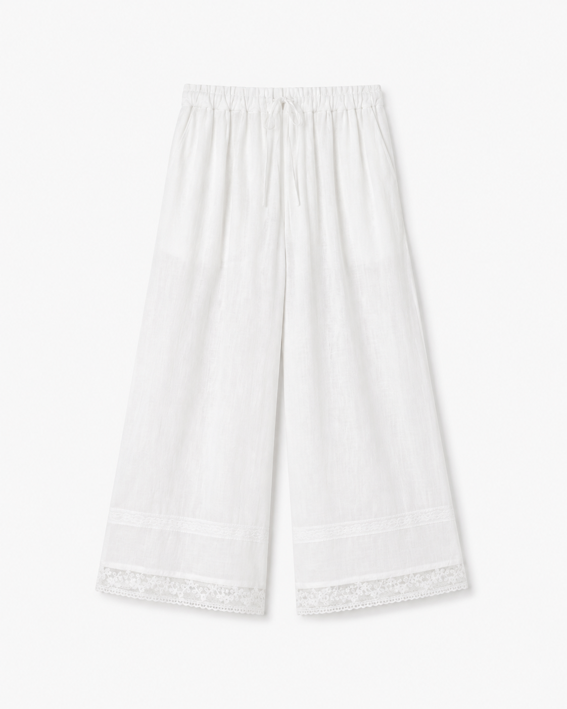 White Lace‑Trim Drawstring Wide‑Leg Trousers, Elastic‑Waist Relaxed‑Fit Bottoms