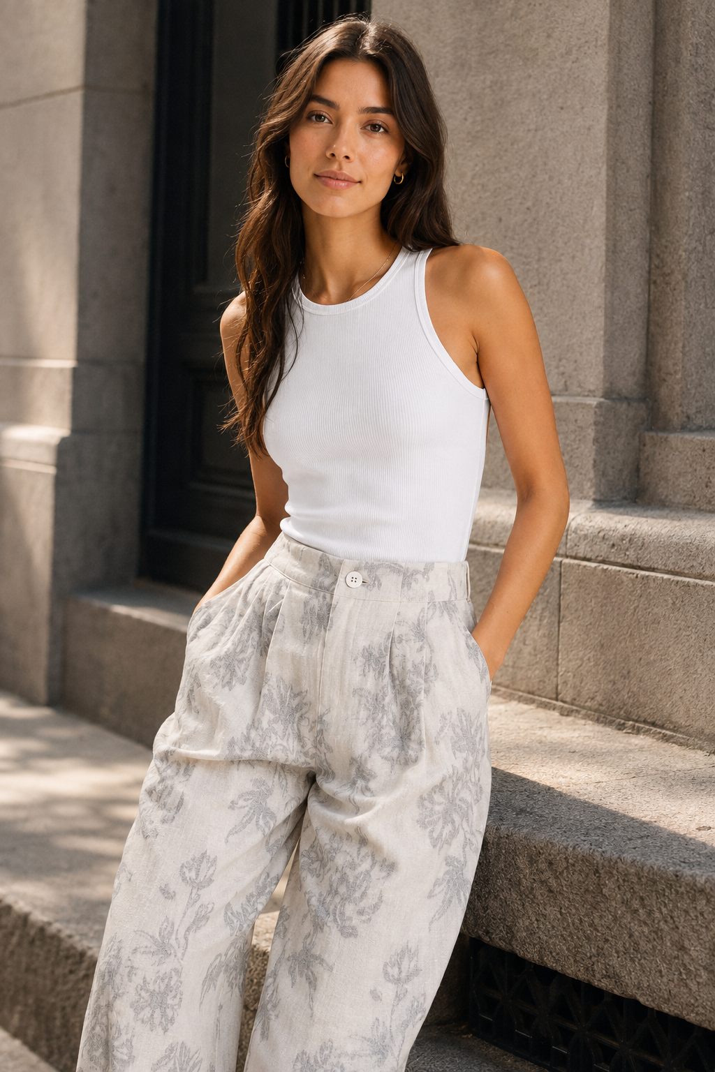 Muted Botanical Print Wide‑Leg Trousers, High‑Waist Pleated Loose Fit Bottoms