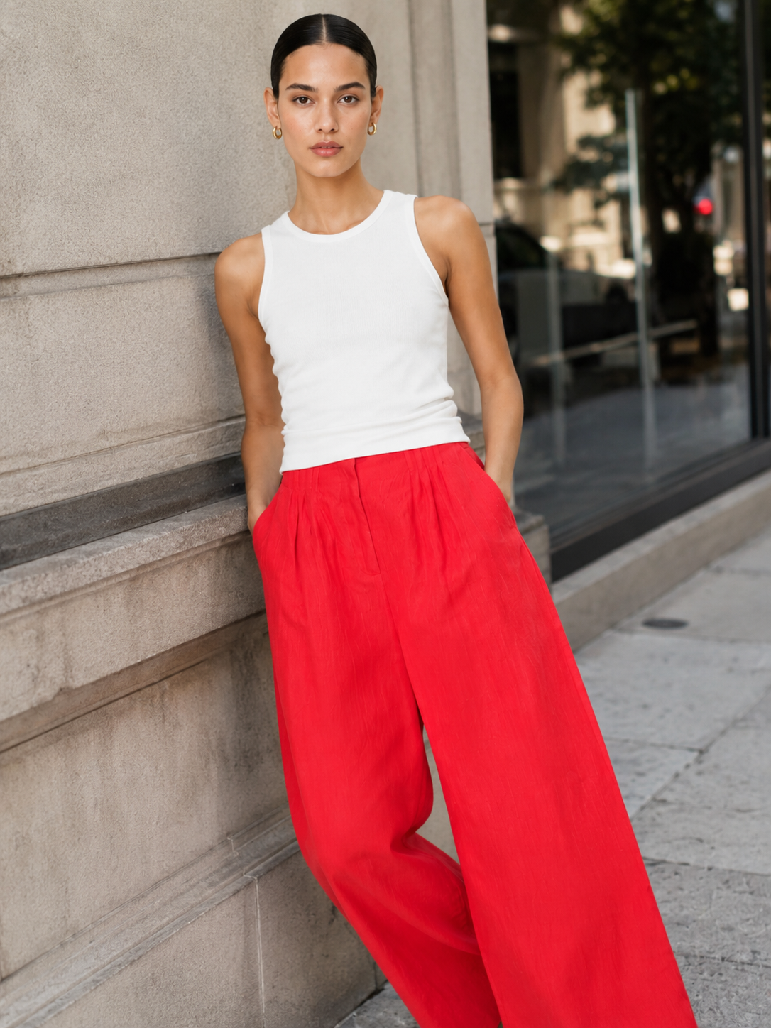 Vibrant Red Textured Wide‑Leg Trousers, High‑Waist Pleated Loose Fit Bottoms