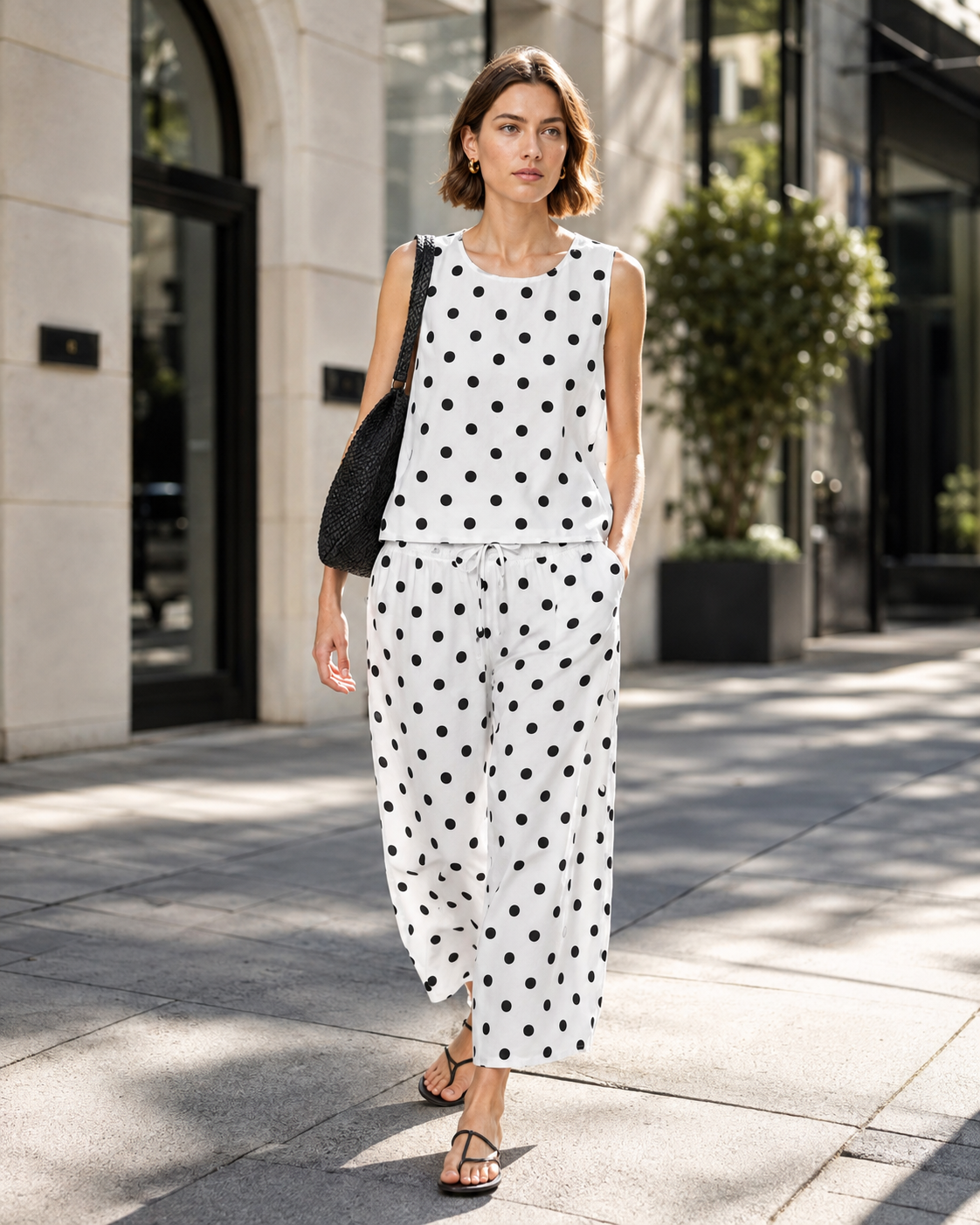 French Vintage Polka Dot Sleeveless Top & Relaxed Wide-Leg Pants Two-Piece Set