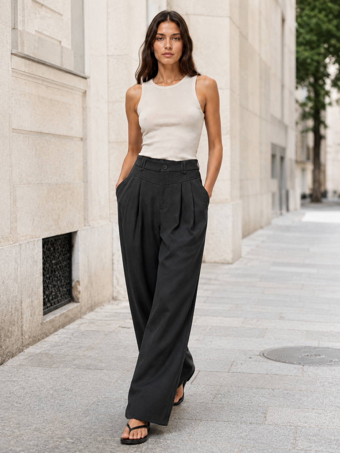 Women's Premium High-Waisted Wide-Leg Trousers with Tailored Front Pleats and Elegant Button Closure