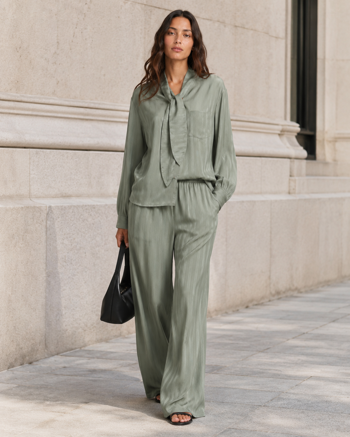 Elegant Tie-Neck Blouse & Fluid Wide-Leg Pants Two-Piece Set