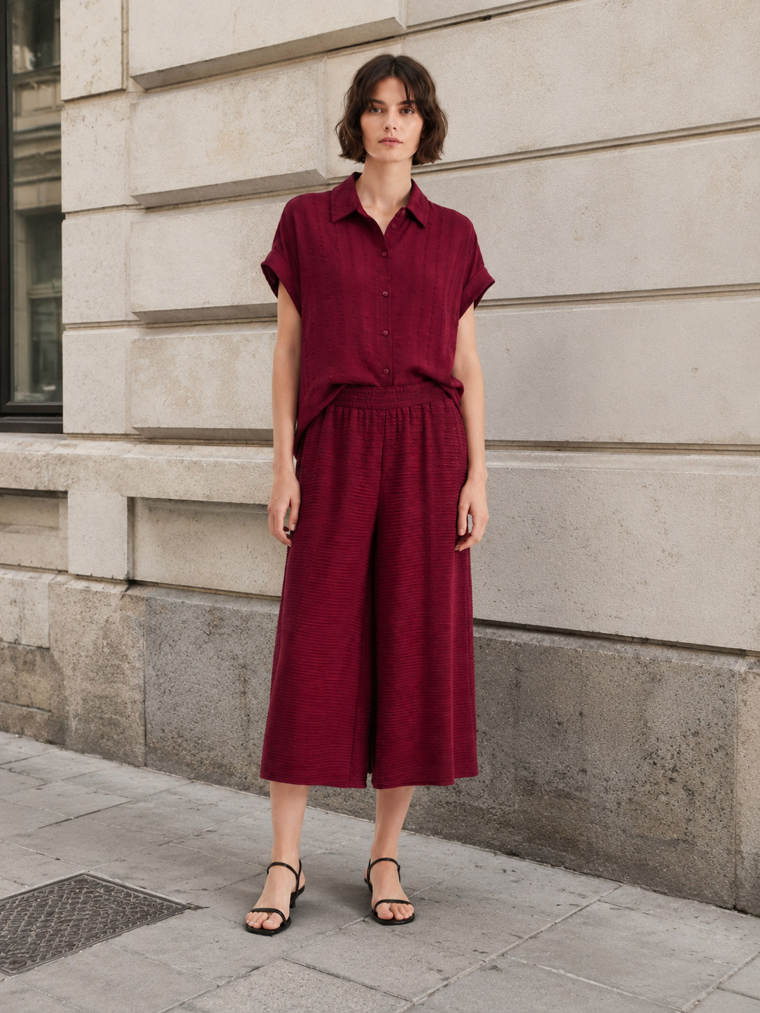 Textured Relaxed Shirt and Fluid Wide-Leg Pants Two-Piece Set