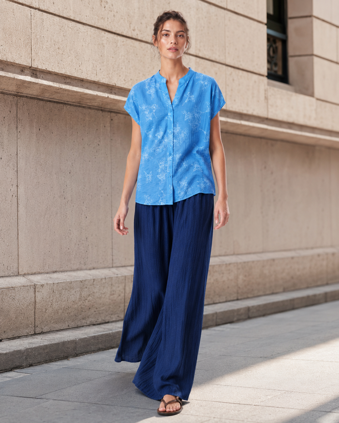 Artistic Print Relaxed Shirt and Fluid Wide-Leg Pants Two-Piece Set