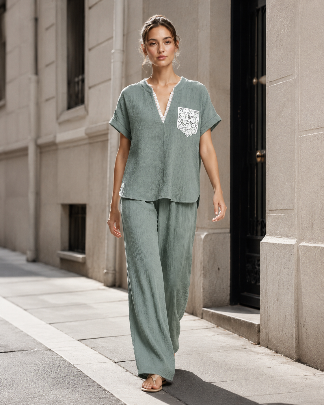 Lace-Trim Relaxed V-Neck Top and Fluid Wide-Leg Pants Two-Piece Set