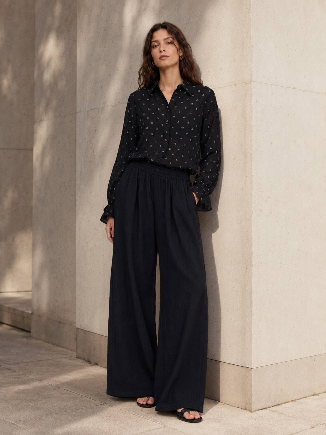 Refined Print Relaxed Shirt and Fluid Wide-Leg Pants Two-Piece Set
