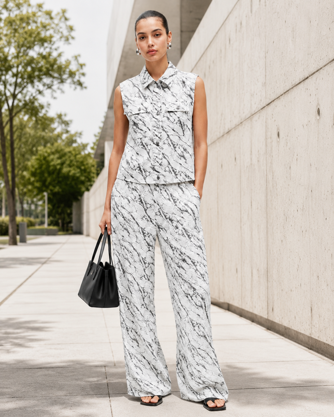 Abstract Texture Sleeveless Shirt & Tailored Wide-Leg Pants Set