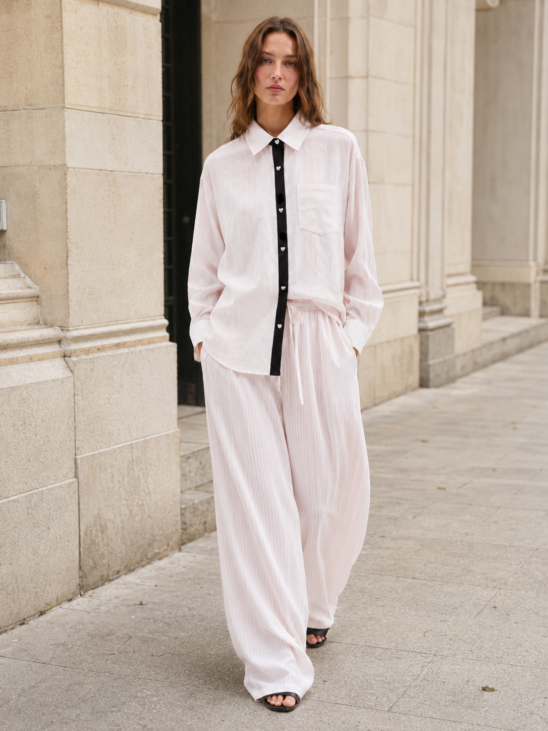 Contrast Detail Relaxed Shirt & Flowing Wide-Leg Pants Set
