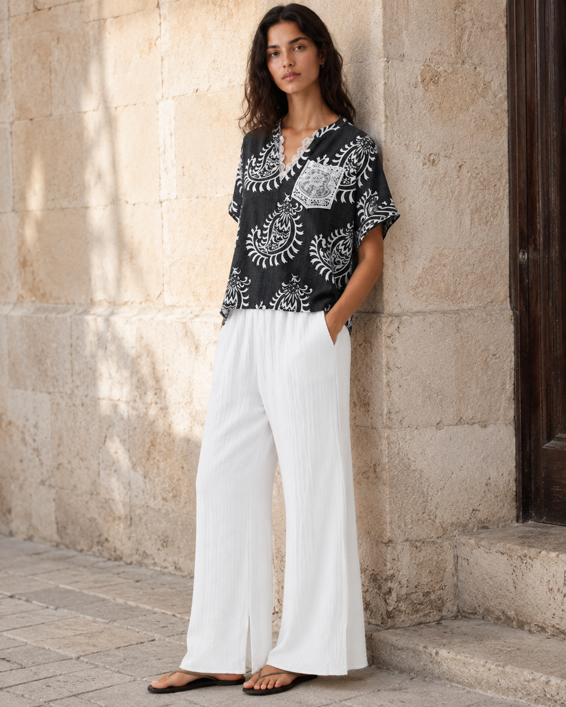 Artistic Print Lace-Trimmed Blouse & Textured Wide-Leg Pants Set