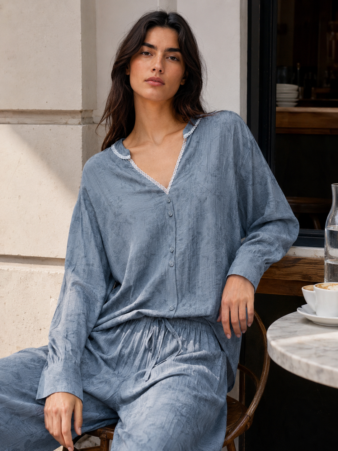 Elegant Tonal Pattern V-Neck Blouse & Flowing Wide-Leg Pants Set