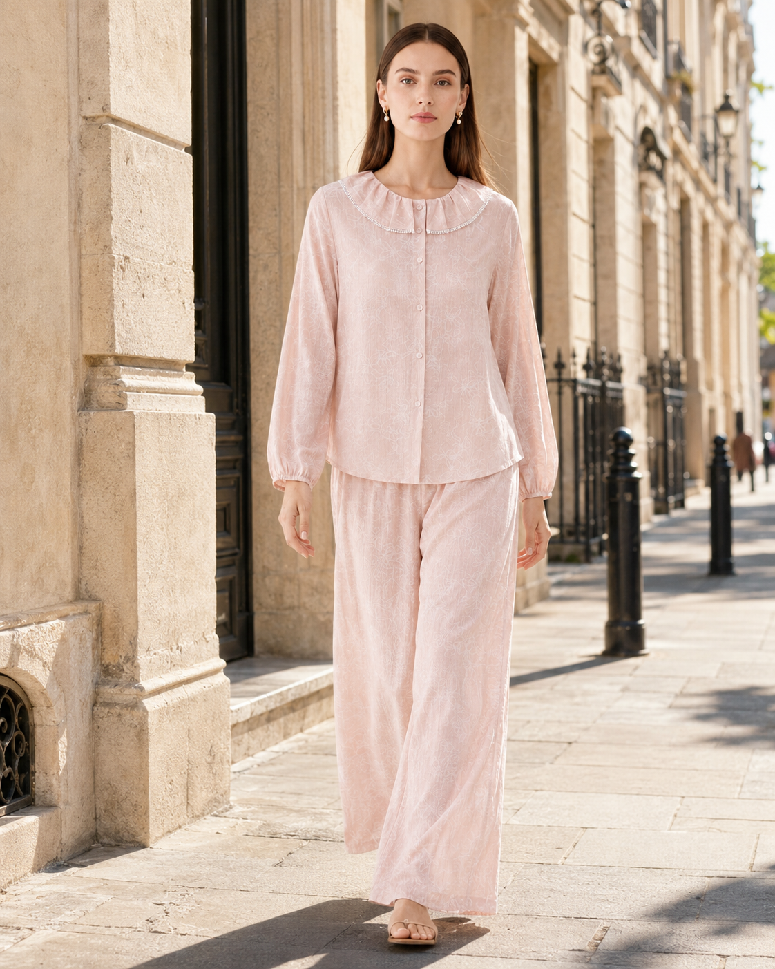 French Romantic Ruffle Collar Blouse & Floral Wide-Leg Pants Two-Piece Set