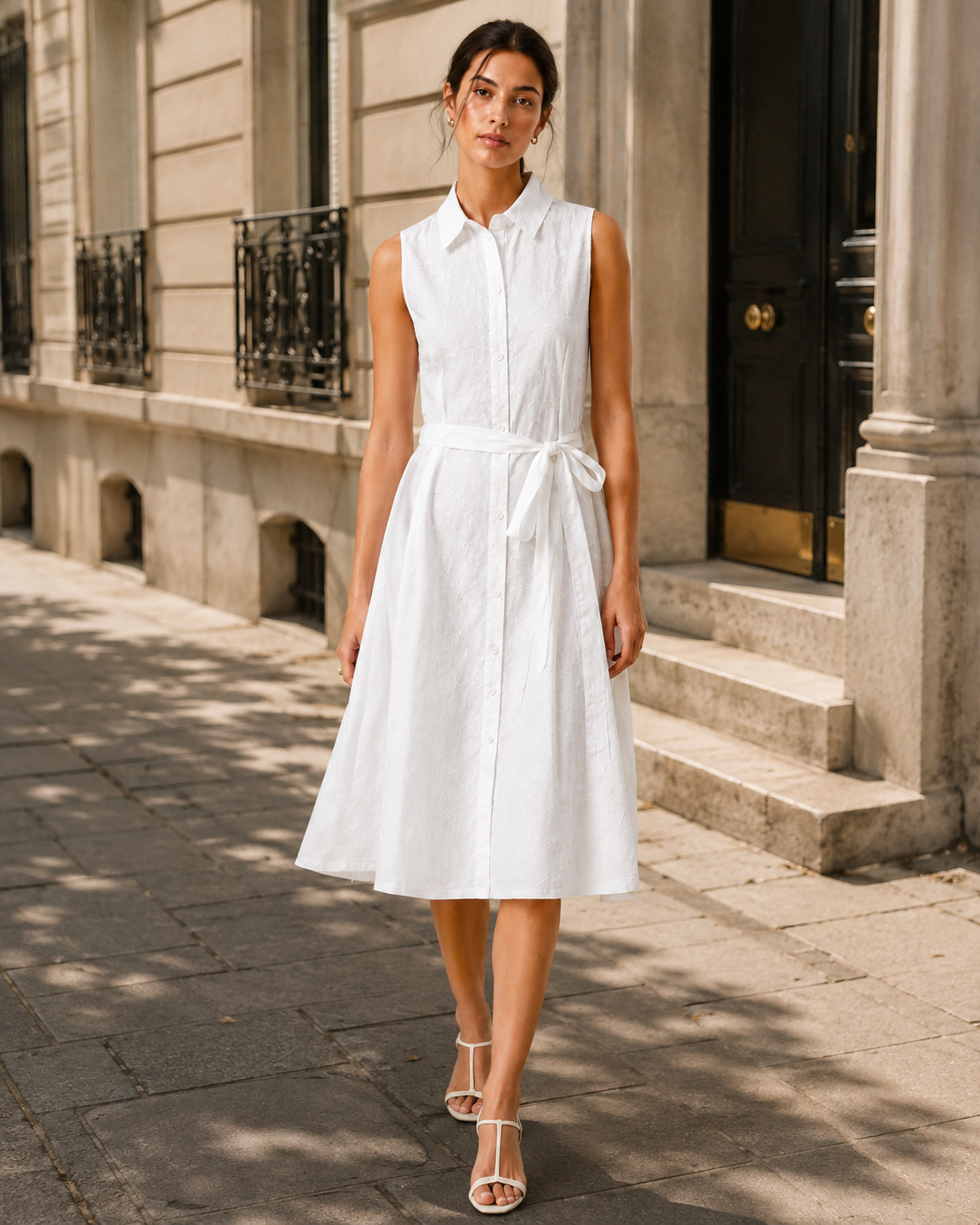 Elegant Floral Textured Sleeveless Belted Shirt Midi Dress