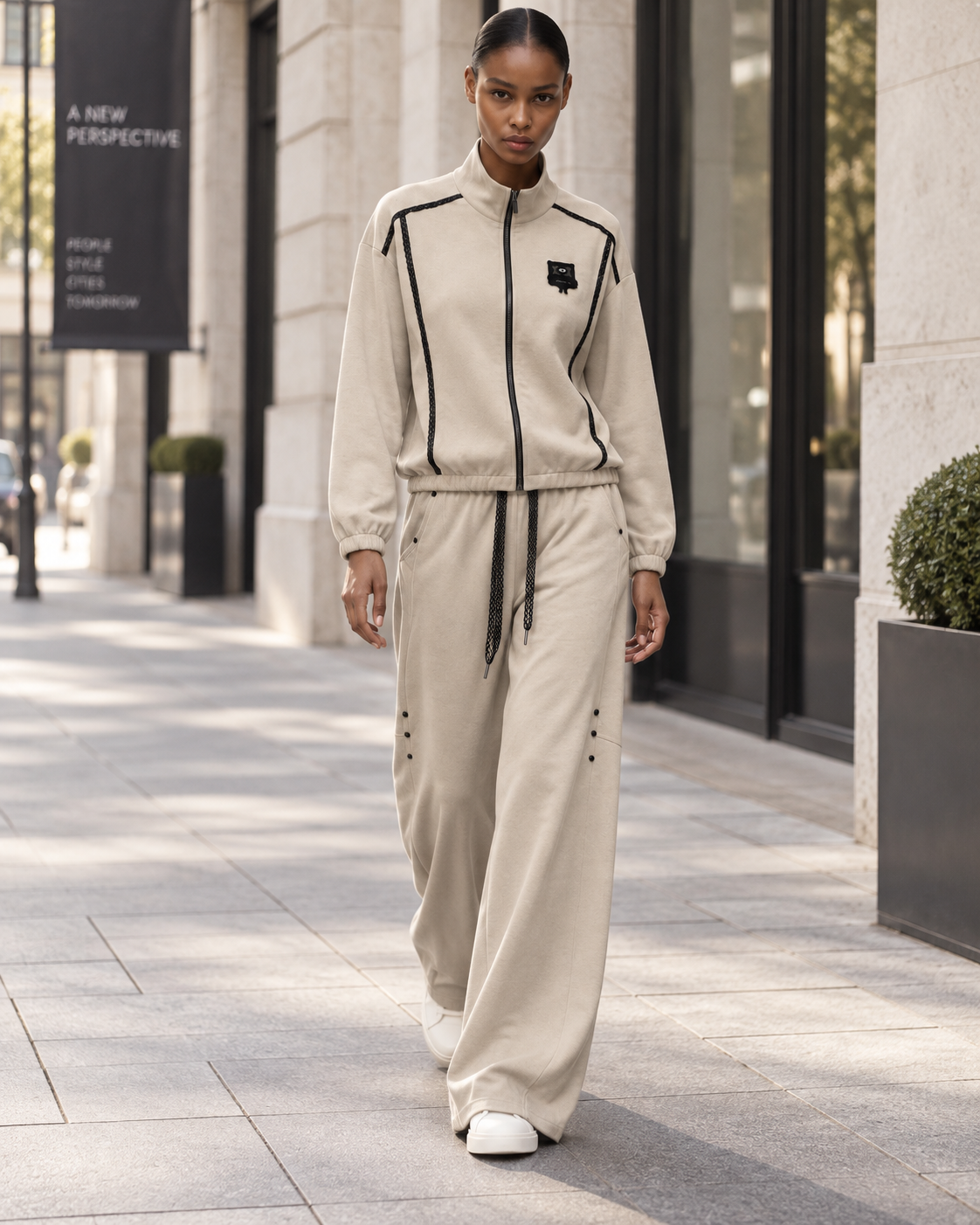 Modern Luxury Stand-Collar Zip-Up Jacket & Relaxed Wide-Leg Pants Two-Piece Set