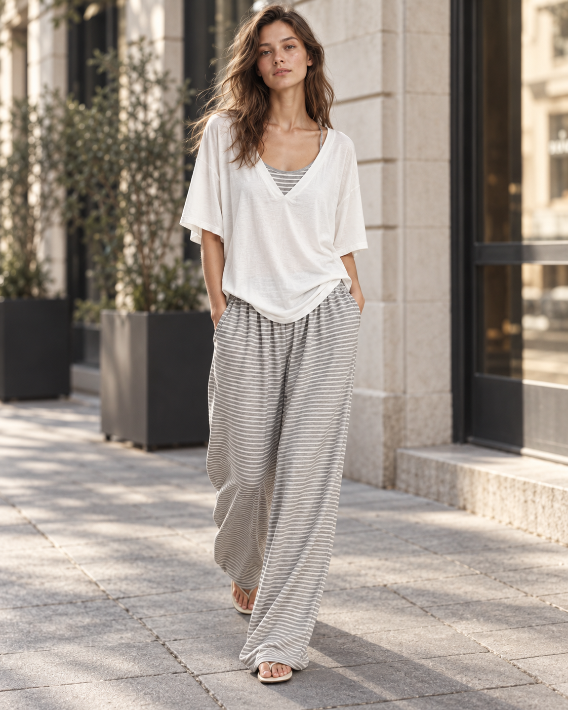 Relaxed Deep V-Neck Top & Striped Wide-Leg Trouser Set